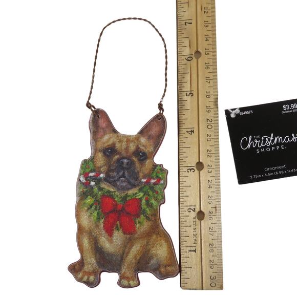 French Bulldog Christmas Tree Ornament Décor 4.5 " Tall Wreath,  Candy Cane - Picture 7 of 14